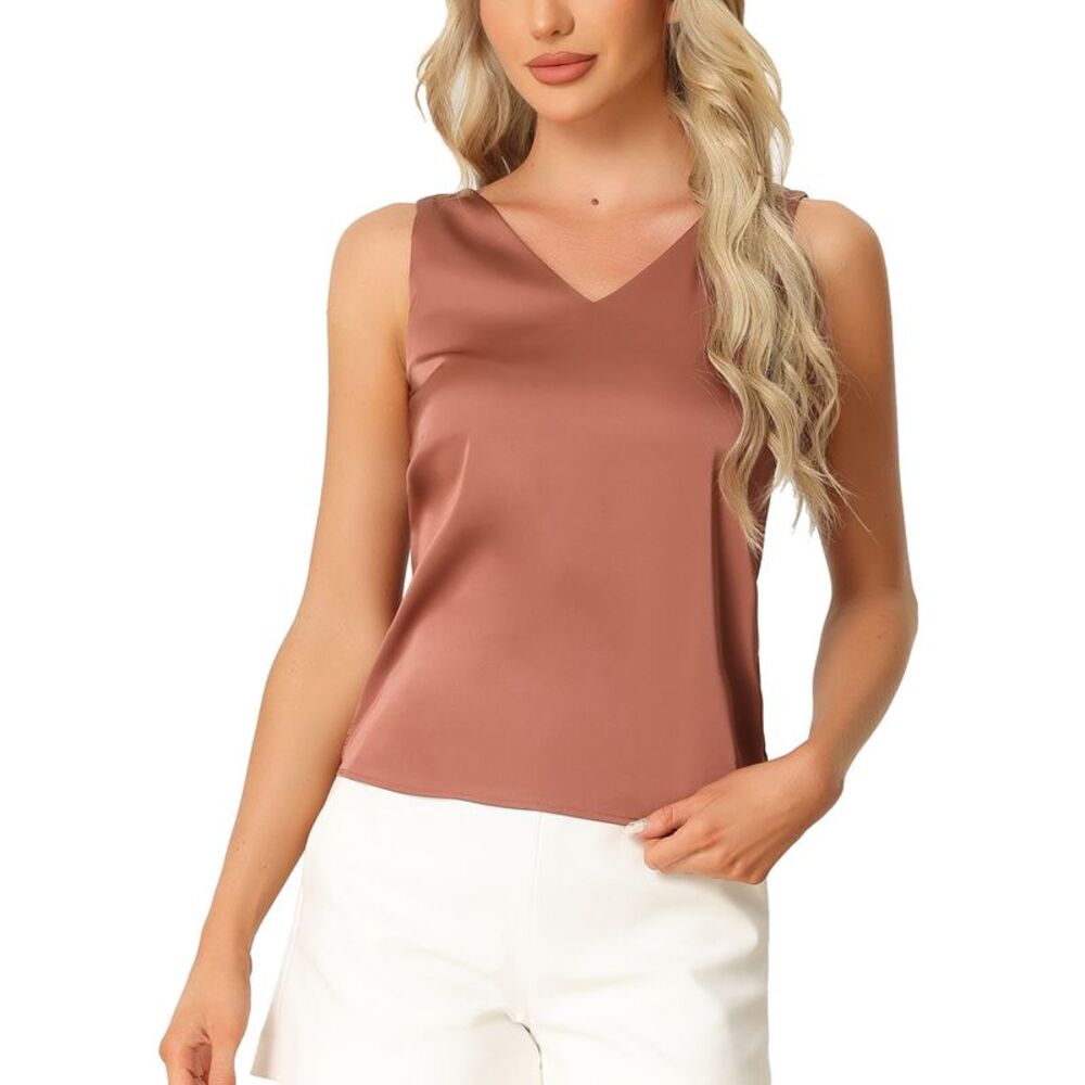 Women Satin Tank Top Silky Casual Basic V Neck Sleeveless Blouse Brick Red